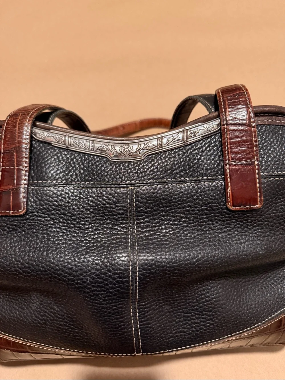 Brighton Black Pebbled Leather Shoulder Bag with Brown Croc-Embossed Trim